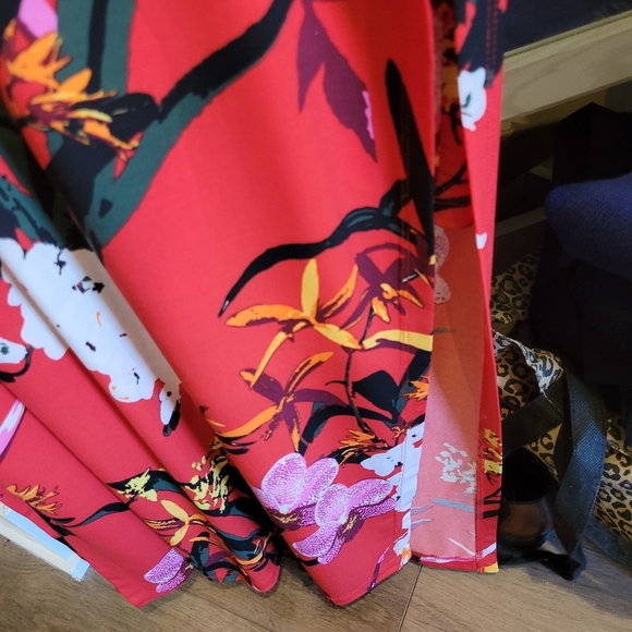 GILL Colourful Red Print Maxi Sheath Dress High Leg Slits Short Sleeves MP Size - Picture 8 of 8